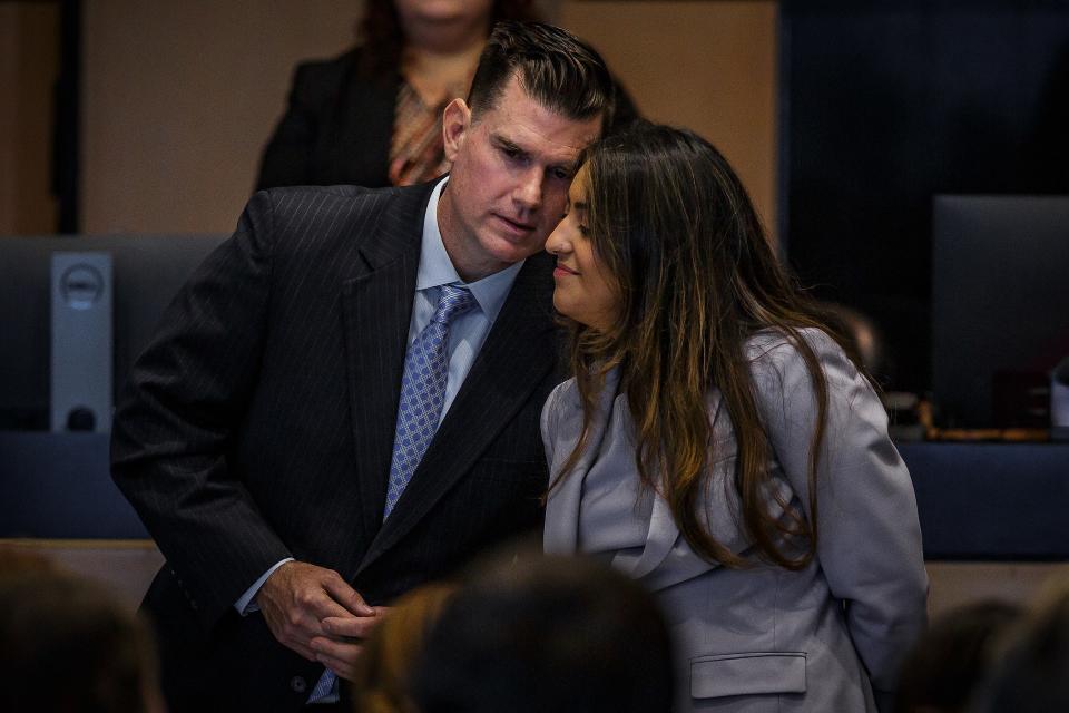 Timothy Ferriter, Jupiter, talks with his attorney Prya Murad during jury selection in his aggravated child abuse trial at the Palm Beach County Courthouse in downtown West Palm Beach, Fla., on September 29, 2023.