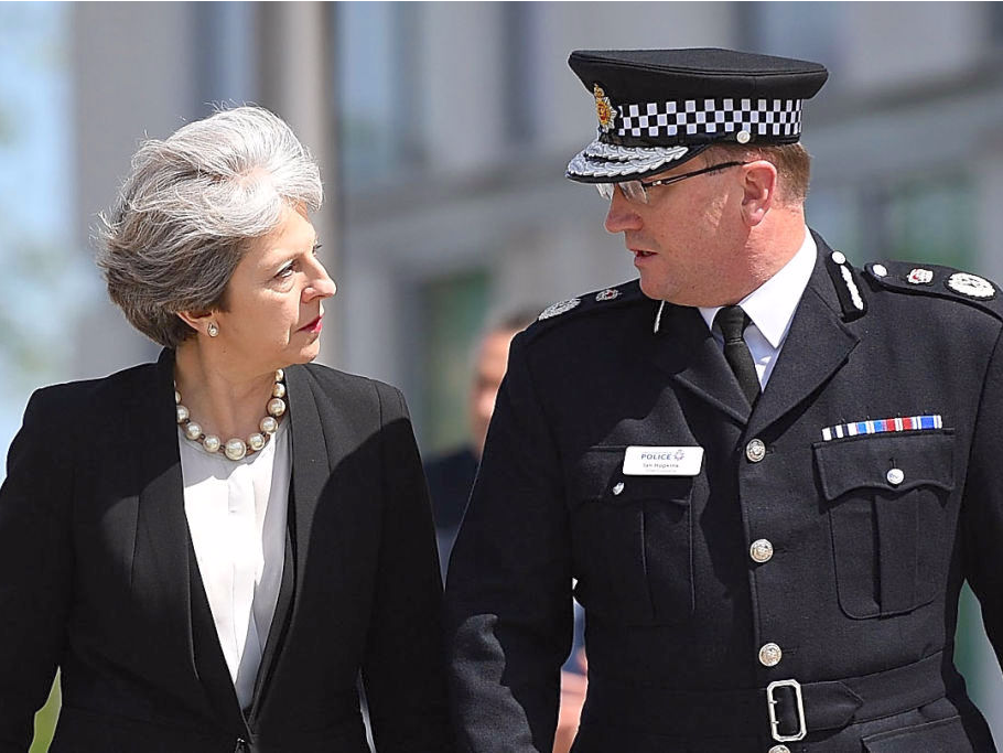 Theresa May with Greater Manchester Police Chief Constable Ian Hopkins