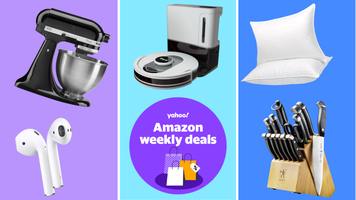 KitchenAid stand mixer, Apple AirPods, Shark robot vacuum, pillows, Henckels knife set and a purple circle that reads: Yahoo! Amazon weekly deals