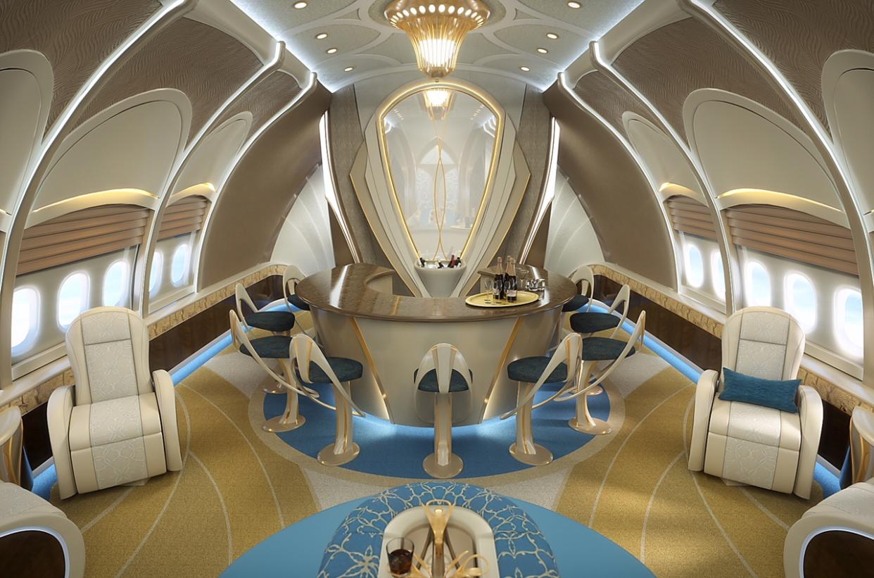 An artist’s impression of a lounge bar in a Boeing 777 designed by AERIA. Photo: AERIA Luxury Interiors