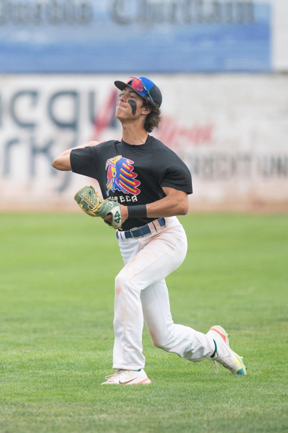 Pueblo Azteca outfielder Joel Gonzales makes a throw from right field during a game against the Woodward Travelers during the 42nd annual Tony Andenucio Memorial Baseball Tournament on Saturday, June 18, 2022, in Pueblo, Colo.