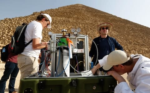 CEA's muon telescope setup in front of Khufu's Pyramid North Face - Credit: ScanPyramids / SWNS.com