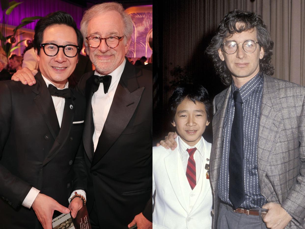 Actor Ke Huy Quan and director Steven Spielberg at the 2023 Golden Globes and at the Guild's Publicists Awards in 1985.