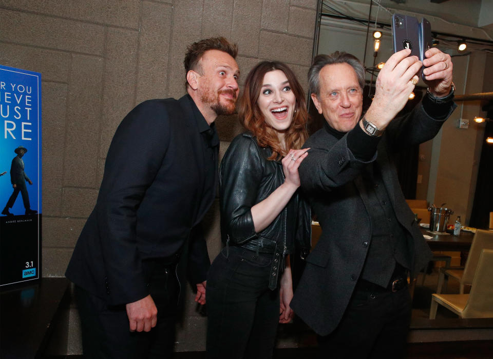 NEW YORK, NEW YORK - FEBRUARY 27: (L-R) Jason Segel, Eve Lindley and Richard E. Grant attend IFC "Dispatches From Elsewhere" screening In NYC on February 27, 2020 in New York City. (Photo by Astrid Stawiarz/Getty Images for IFC)