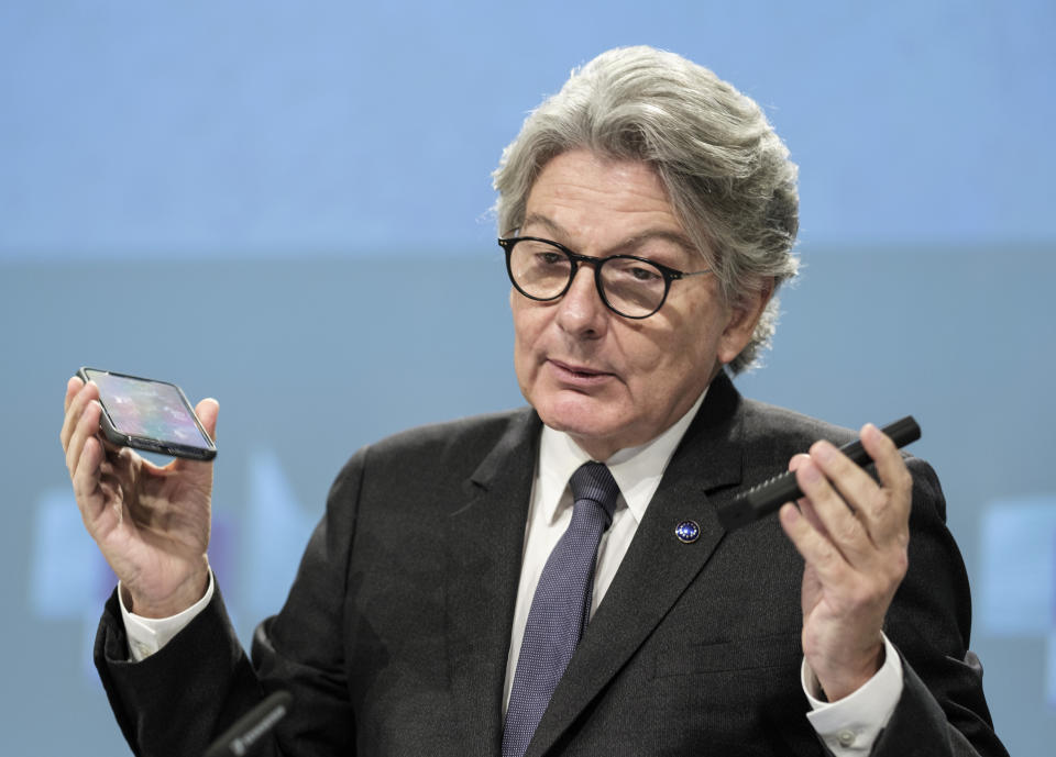 European Commissioner for Internal Market Thierry Breton speaks during a media conference on a common charging solution for mobile phones at EU headquarters in Brussels, Thursday, Sept. 23, 2021. The European Union unveiled plans Thursday that would require smartphone makers to adopt a single charging method for mobile devices. (AP Photo/Thierry Monasse)