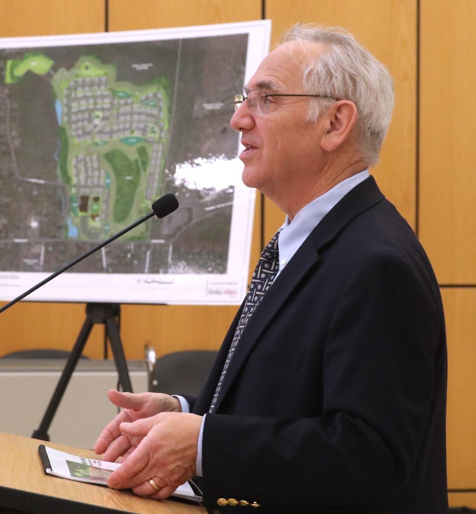 Daniel Ruzow, attorney for Mount Ivy LLC, presents plans for the Millers Pond community in Pomona during a Ramapo Town Board meeting at town hall June 14, 2023.