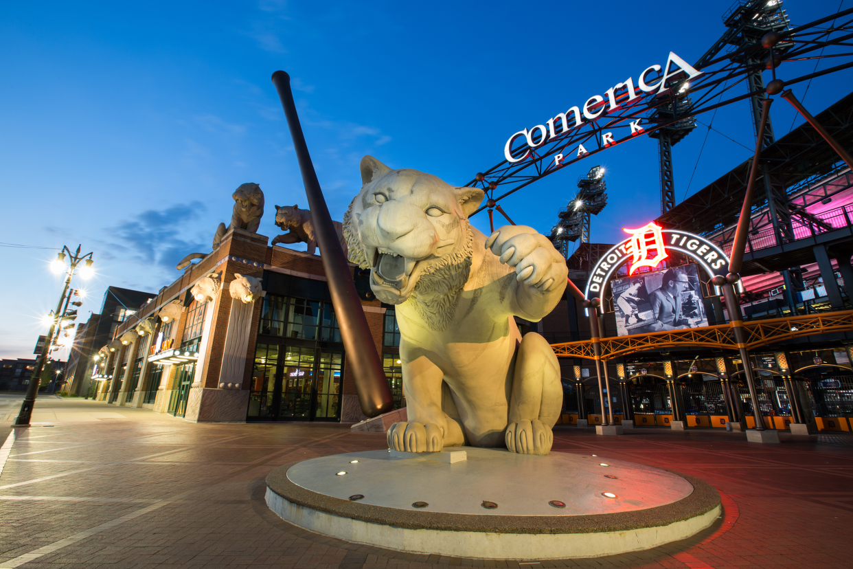 Tiger statue in the front Comerica Park, Detroit, home of the Detroit Tigers during evening