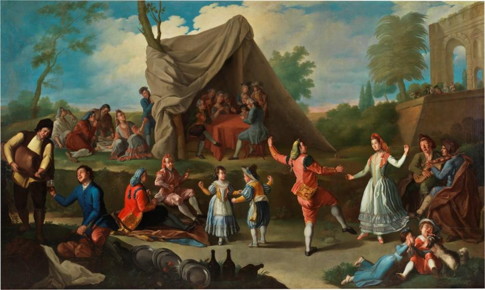 Un grupo de personas baila en una escena campestre.