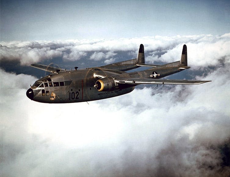 <span class="caption">Planes were used to disperse chemicals over parts of the US in the 1950s.</span> <span class="attribution"><a class="link " href="https://commons.wikimedia.org/wiki/File:Fairchild_C-119B_of_the_314th_Troop_Carrier_Group_in_flight,_1952_(021001-O-9999G-016).jpg" rel="nofollow noopener" target="_blank" data-ylk="slk:US Air Force via Wikimedia Commons;elm:context_link;itc:0;sec:content-canvas">US Air Force via Wikimedia Commons</a></span>