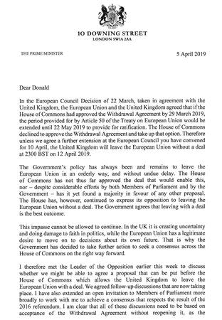 A copy of a letter from Britain's Prime Minister Theresa May, to European Council President, Donald Tusk, regarding Brexit is seen in London, Britain April 5, 2019. Downing Street/Handout via REUTERS
