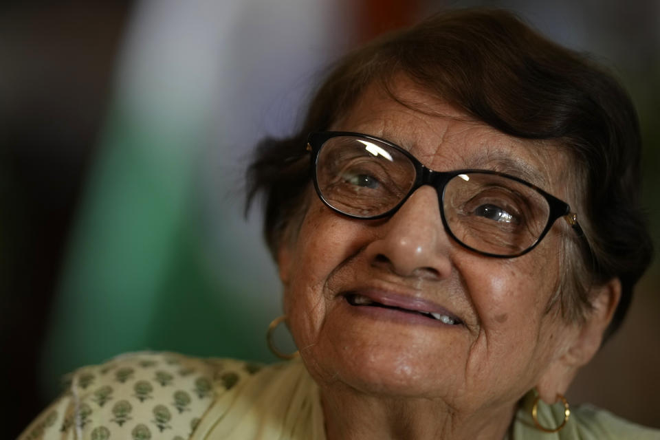 Raj Sud, 94, a homemaker talks to the Associated Press about key issues in the national elections, in New Delhi, India, March 29, 2024. Sud has voted in almost every election held in independent India, bearing witness to the eventful journey of a diverse, and now the world’s most populous, democracy over the last 76 years. She said "I like Modi very much. Modi is working honestly. And he is doing very good work and wants to make the whole country absolutely beautiful." (AP Photo/Manish Swarup)