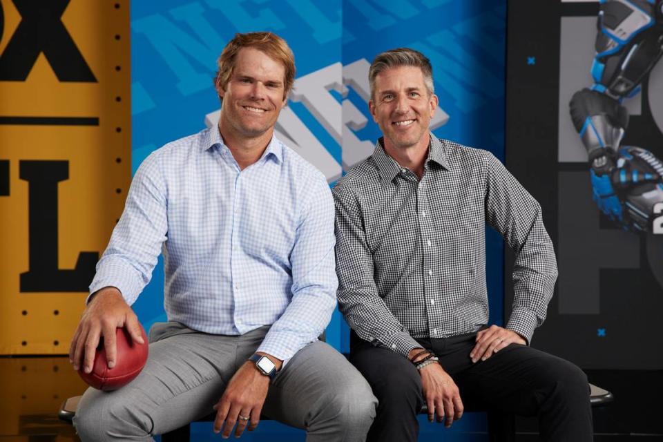 Former Carolina Panther tight end Greg Olsen (left) and Kevin Burkhardt will call the Super Bowl Sunday.