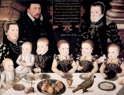 <span class="caption">Baron Cobham and family around the dinner table, 1567.</span> <span class="attribution"><a class="link " href="https://commons.wikimedia.org/wiki/File:William_Brooke_10th_Baron_Cobham_and_Family_1567.jpg" rel="nofollow noopener" target="_blank" data-ylk="slk:Master of the Countess of Warwick;elm:context_link;itc:0;sec:content-canvas">Master of the Countess of Warwick </a></span>