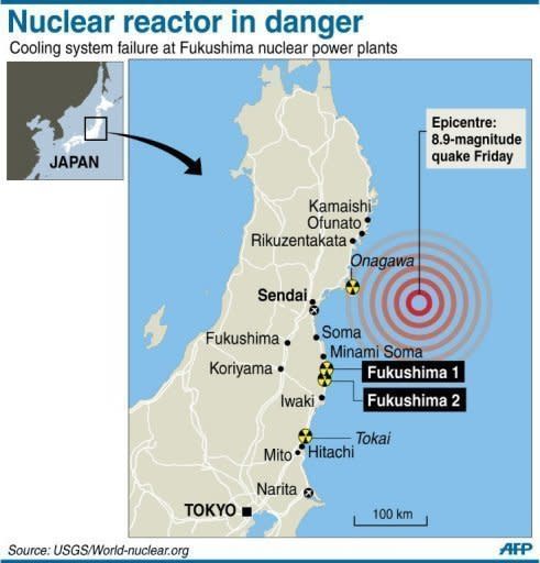 Map showing the location of the two Fukushima nuclear plants on the northeastern coast of Japan's main Honshu island. The operator of the stricken Fukushima nuclear plant No. 1 on Saturday said a reactor container was not damaged despite a large explosion at the plant north of Tokyo, Japan's chief cabinet secretary said Saturday, my colleagues in Tokyo report