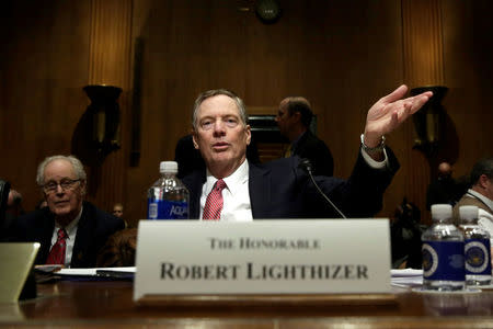 Robert Lighthizer gestures before a Senate Finance Committee confirmation hearing on his nomination to be U.S. trade representative on Capitol Hill in Washington, U.S., March 14, 2017. REUTERS/Yuri Gripas