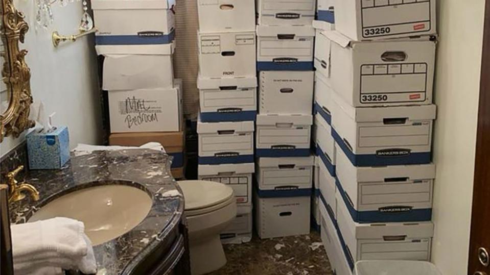 PHOTO: A photo contained in the indictment released on June 9, 2023, from the U.S. Southern District of Florida, shows boxes of potentially sensitive documents that were found at Mar-a-Lago in Palm Beach, Fla. (DOJ via US Southern District of Florida)