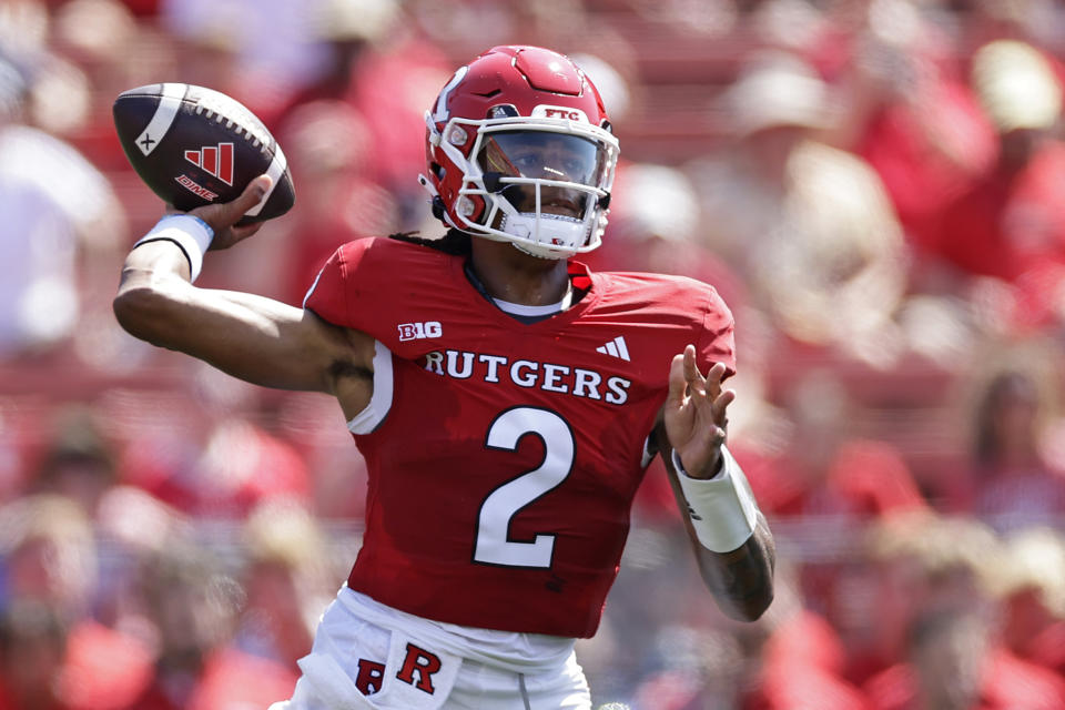 Rutgers quarterback Gavin Wimsatt passes against Northwestern during the first half of an NCAA college football game, Sunday, Sept. 3, 2023, in Piscataway, N.J. (AP Photo/Adam Hunger)