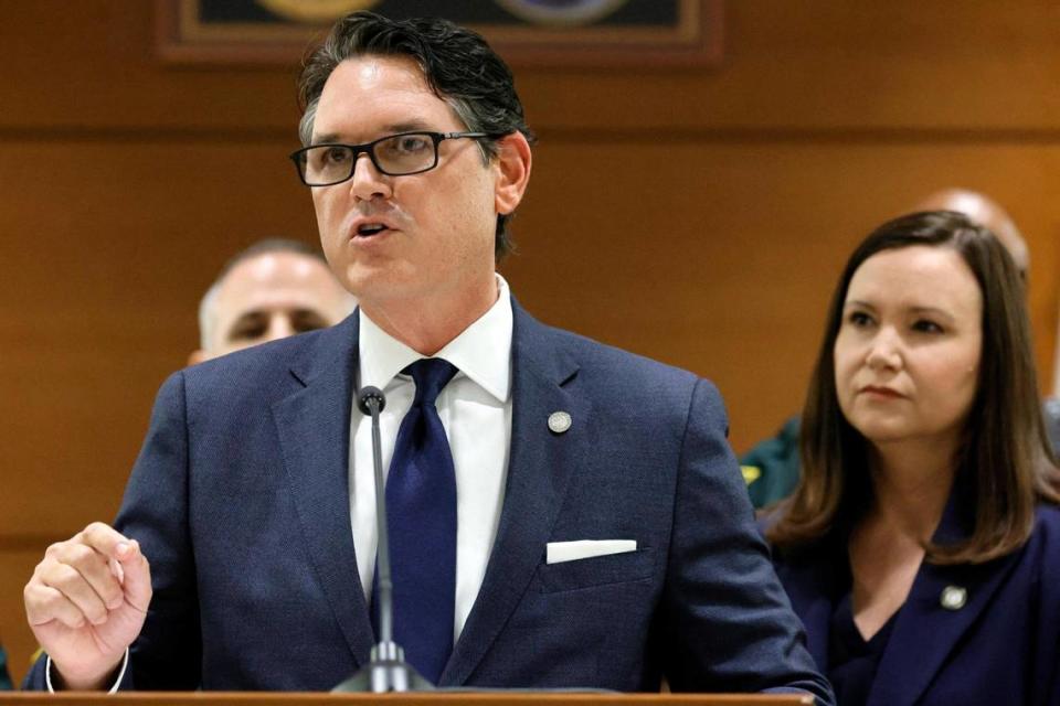 Florida Secretary of State Cord Byrd speaks during a news conference at the Broward County Courthouse in Fort Lauderdale on Thursday, Aug. 18, 2022.