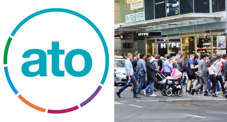 Composite image of ATO logo and Australia people crossing the street.