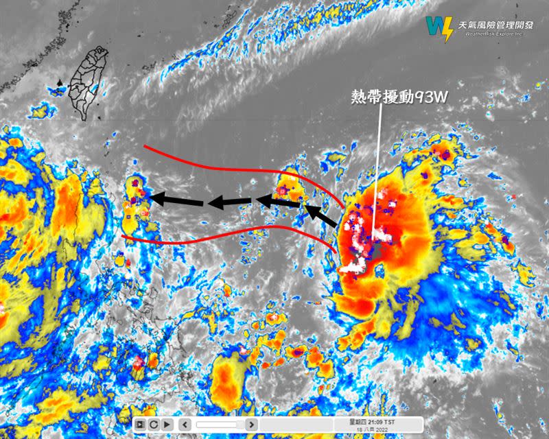 台灣東南方海面上有熱帶系統，未來可能繼續發展。（圖/翻攝自天氣風險 WeatherRisk臉書）