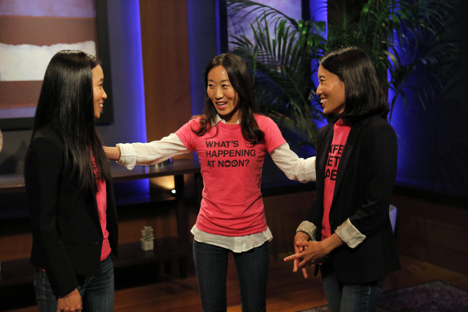 SHARK TANK - "Episode 611" - Three sisters from San Francisco, CA hope for a perfect match with the Sharks and their dating app that introduces singles to friends of friends. A man from San Francisco, CA has an app solution to a common problem for online shoppers - how to get your package delivered on your schedule. Also, a former publisher from Old Brookville, NY wants to make a fat profit on her classic button down and pullover shirt designed to make you look skinny; and husband and wife Wall Street brokers from New York, NY have cooked up a compact way to eat your bagel. Also, an update on Don Sandusky, Peter Hamborg and Gus Hamborg from Huntington Beach, CA and Hamboards, a skateboard that gives the sensation of catching a wave, which Robert Herjavec invested in during Season 5, on "Shark Tank," FRIDAY, JANUARY 9 (9:00-10:01 p.m., ET), on the Walt Disney Television via Getty Images Television Network. (Photo by Tony Rivetti/Walt Disney Television via Getty Images via Getty Images) 