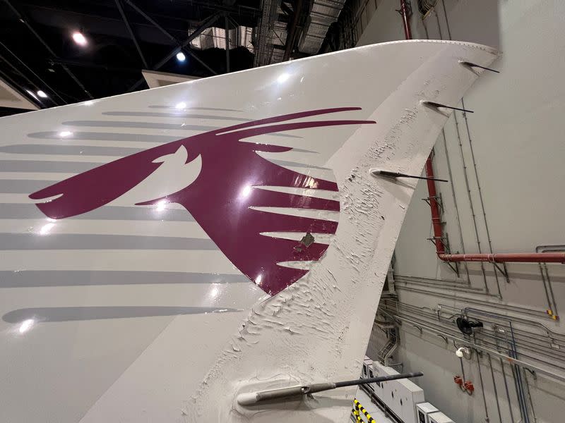 FILE PHOTO: Surface damage seen on Qatar Airways' airbus A350 parked at Qatar airways aircraft maintenance hangar in Doha