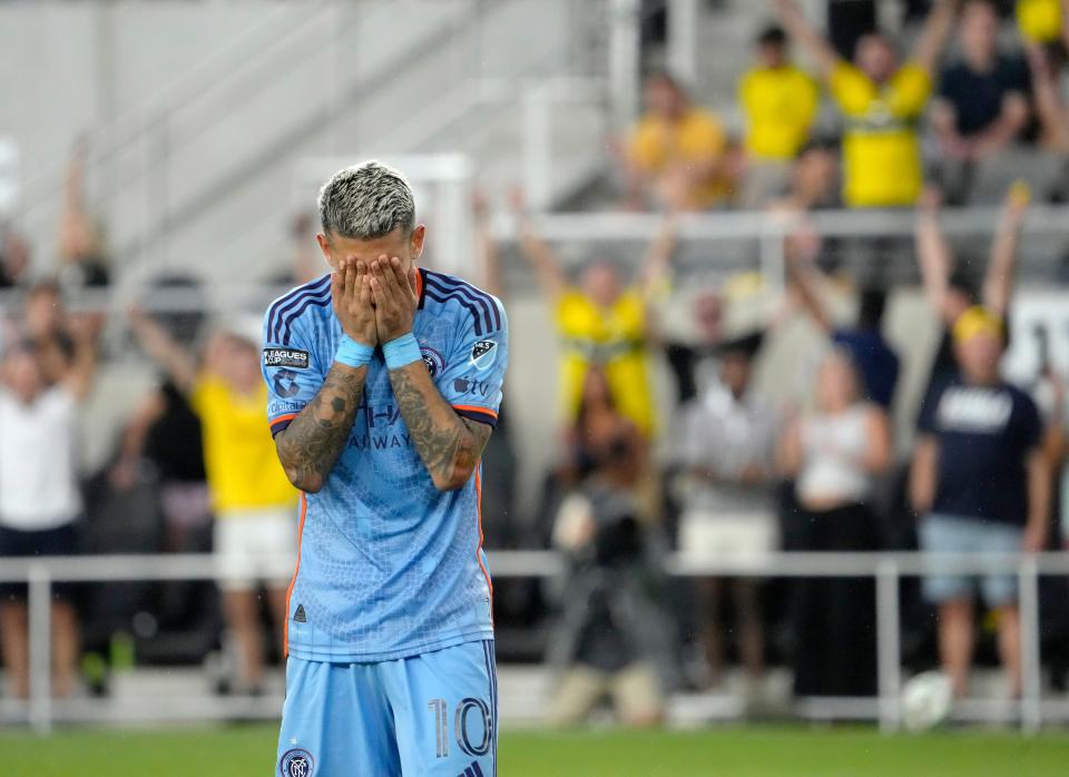 August 17, 2024; Columbus, Ohio, USA; 
New York City FC midfielder Santiago Rodriguez (10) reacts after missing a penalty kick during a Leagues Cup quarterfinal match against the Columbus Crew at Lower.com Field.