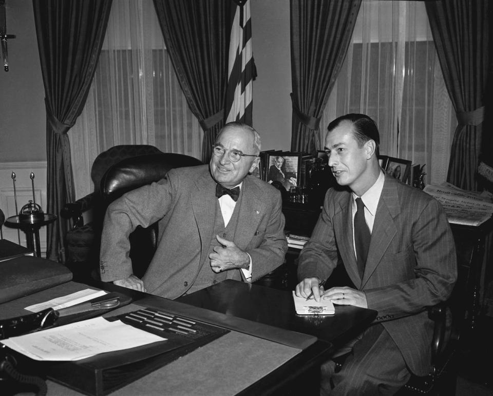 (L-R) President Harry S, Truman, NBC News Frank Bourgholtzer during an interview in the Oval Office of the White House in Washington D.C. on May 3, 1952. (Photo by: NBCU Photo Bank)