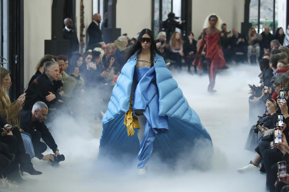 A model wears a creation for the Rick Owens fashion collection during Women's fashion week Fall/Winter 2020/21 presented in Paris, Thursday, Feb. 27, 2020. (AP Photo/Francois Mori)