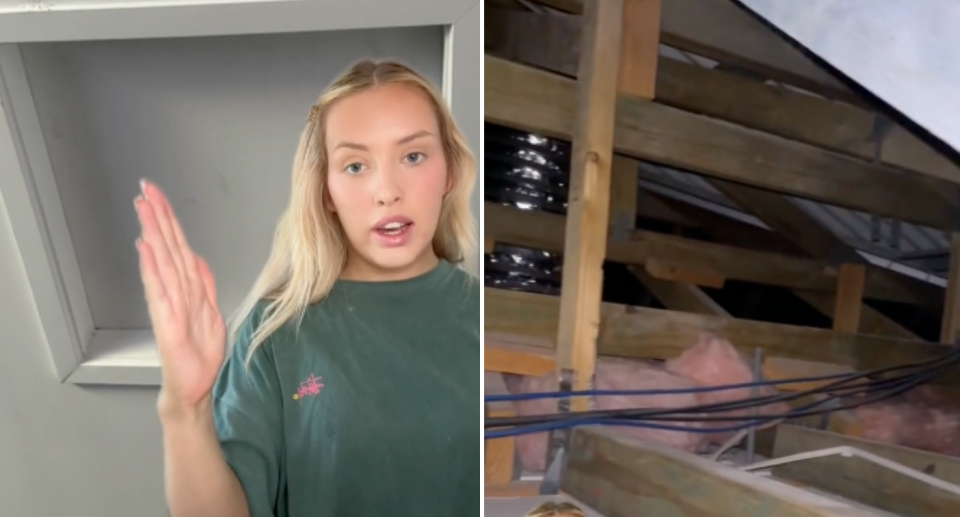 Screenshots from Chloe Dillon's TikTok video showing the manhole and the attic the potential intruder could have come from.