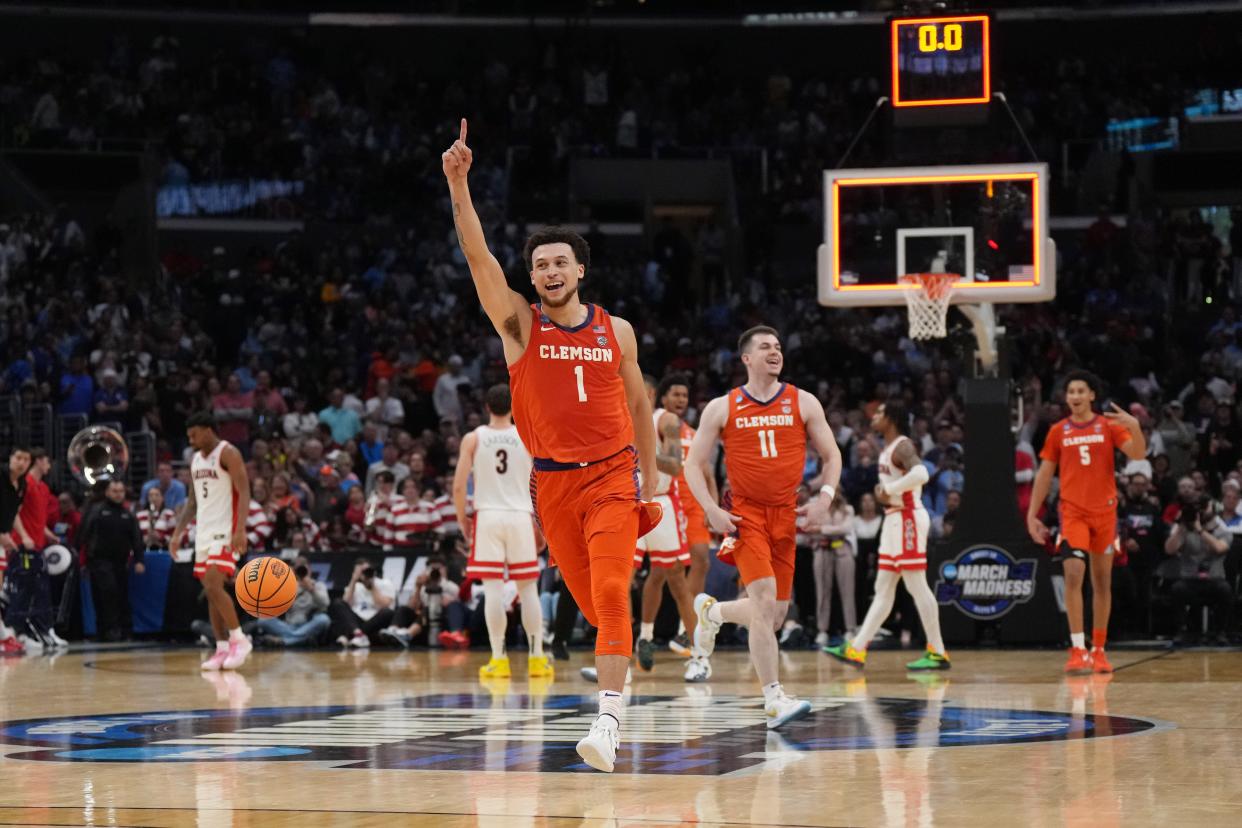 Mar 28, 2024; Los Angeles, CA, USA; Clemson Tigers guard Chase Hunter (1) celebrates after defeating the Arizona Wildcats in the semifinals of the West Regional of the 2024 NCAA Tournament at Crypto.com Arena. Mandatory Credit: Kirby Lee-USA TODAY Sports