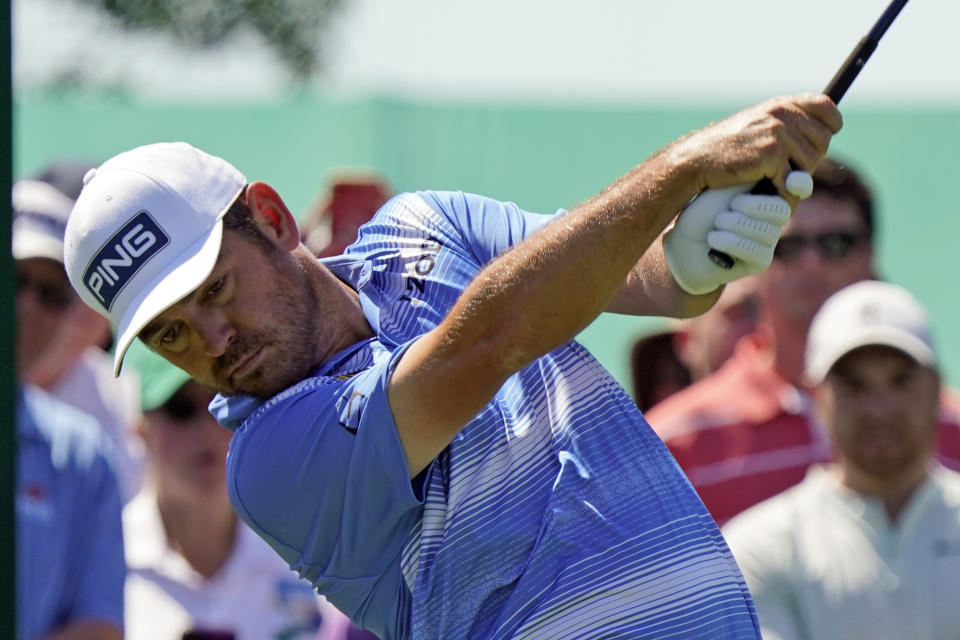 Louis Oosthuizen, of South Africa, tees off on the 11th hole during the third round of the Memorial golf tournament, Saturday, June 5, 2021, in Dublin, Ohio. (AP Photo/Darron Cummings)