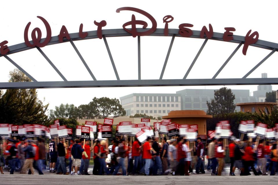 WGA strikers protest in front of Walt Disney Studios in Burbank.