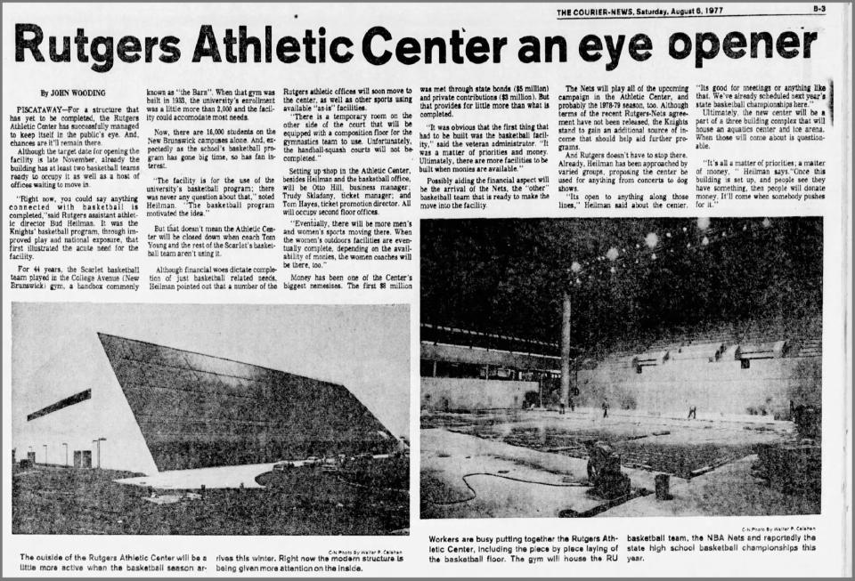 An excerpt from the Home News Tribune in 1977 when the Rutgers Athletic Center was near completion. (Courtesy Rutgers Athletics)