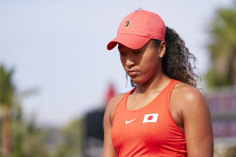 Naomi Osaka of Japan looks on during her match against Sara Sorribes of Spain during the 2020 Fed Cup Qualifier between Spain and Japan at Centro de Tenis La Manga Club on February 07, 2020 in Cartagena, Spain. (Photo by Quality Sport Images/Getty Images)