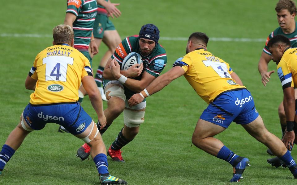 George Martin carrying the ball on his Leicester debut against Bath - Who is George Martin, the latest call-up to England’s Six Nations squad who is tipped for greatness - GETTY IMAGES