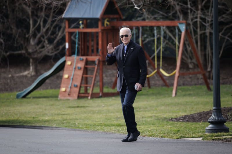 In Washington, D.C., on Friday, President Joe Biden walks on the South Lawn of the White House before boarding Marine One on the first part of his trip to Pennsylvania. The president is returning to the Keystone State to tout an economic rebound in Allentown after opening his campaign there last week. Photo by Ting Shen/UPI