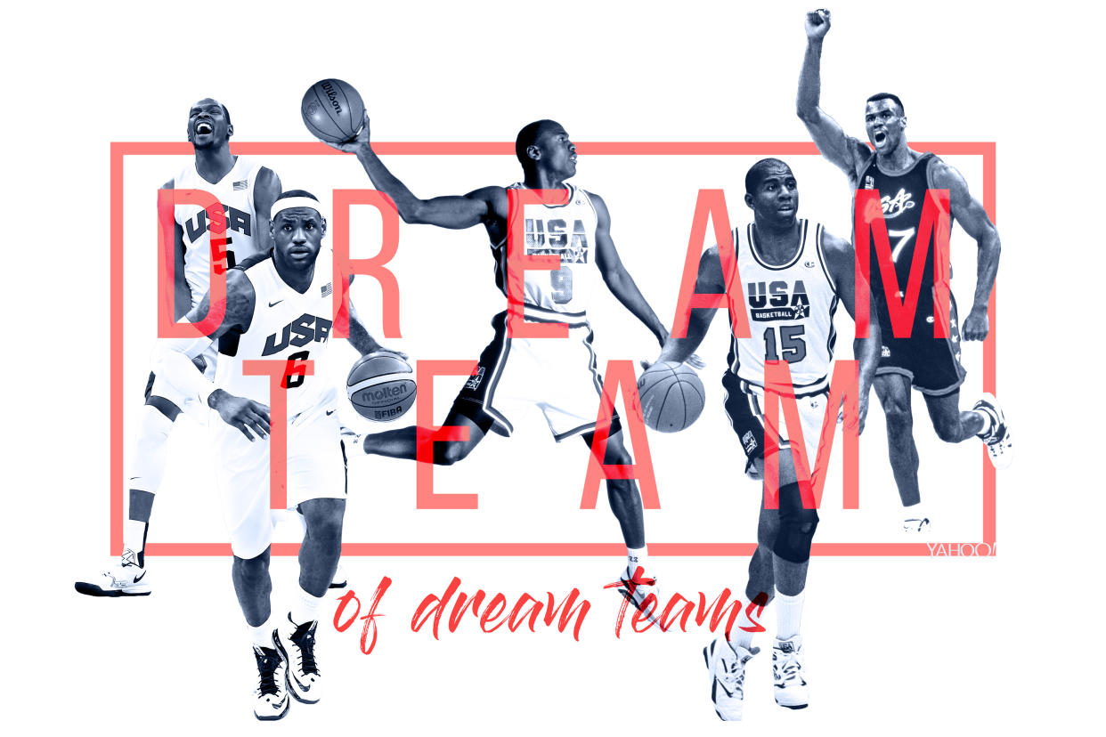 Our starting five: KD, LeBron, MJ, Magic and the Admiral. (Amber Matsumoto/Yahoo Sports graphic)