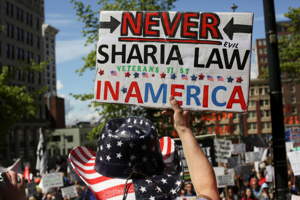 A protester at an anti-Sharia rally in Seattle, Washington