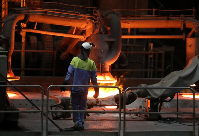 A worker is seen at the Tata steel plant in Ijmuiden