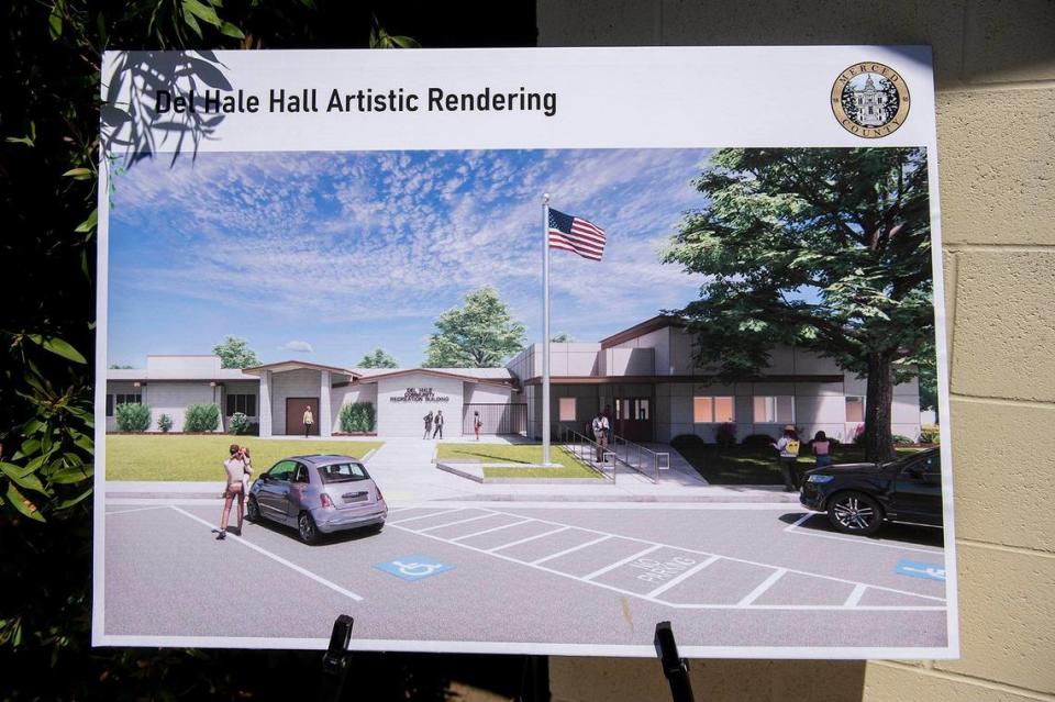 An artistic rendering of the proposed renovations to Del Hale Hall and the relocation of the Dos Palos branch of the Merced County Library is displayed during a groundbreaking ceremony at O’Banion Park in Dos Palos, Calif., on Wednesday, Aug. 2, 2023.