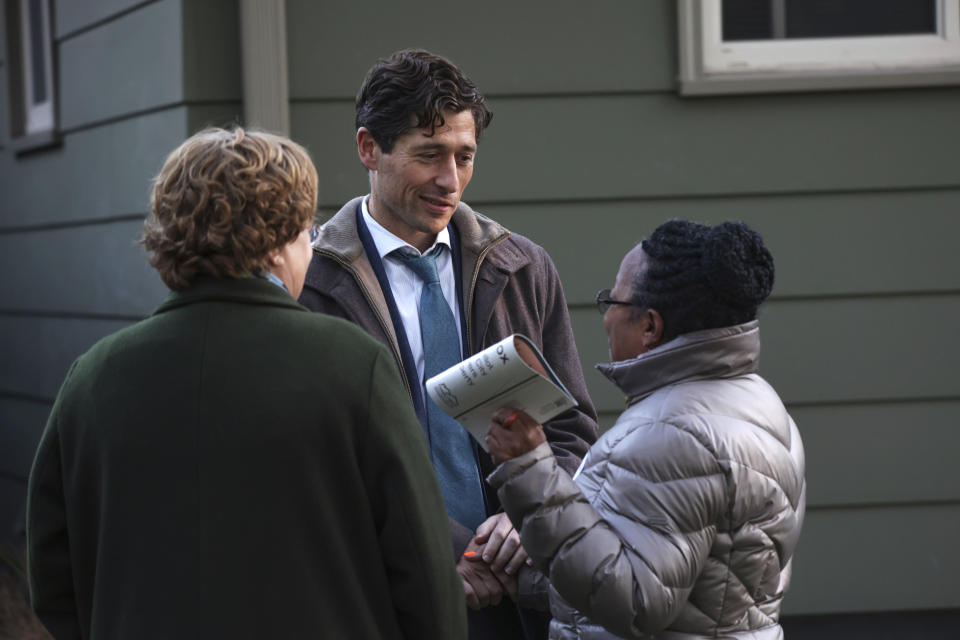 Minneapolis Mayor Jacob Frey greets his constituents at his "Mayor on the Block" event on Tuesday, Oct. 26, 2021, in Minneapolis. (AP Photo/Christian Monterrosa)