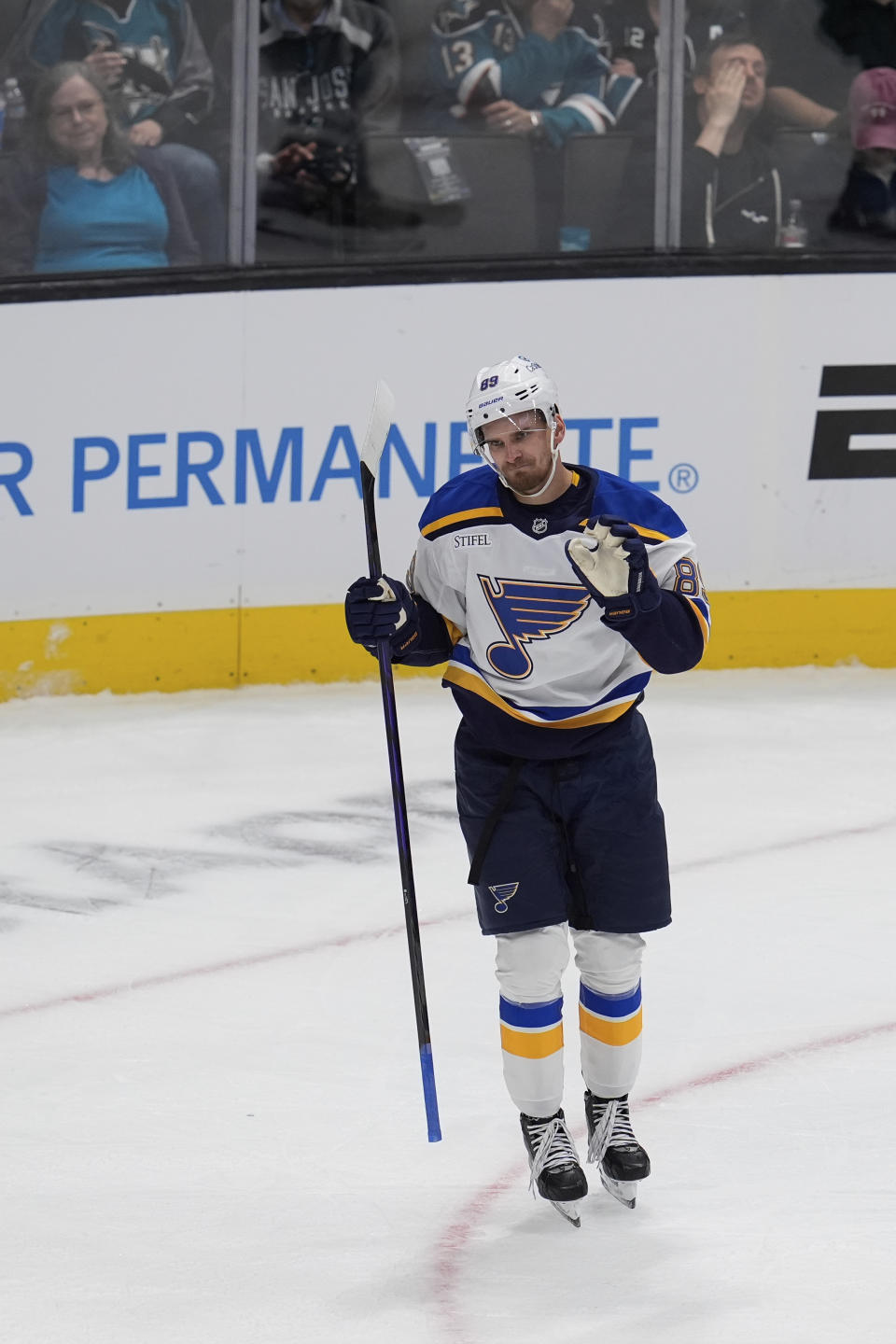 St. Louis Blues left wing Pavel Buchnevich celebrates after his goal against the San Jose Sharks during the first period of an NHL hockey game Thursday, Oct. 10, 2024, in San Jose, Calif. (AP Photo/Godofredo A. Vásquez)