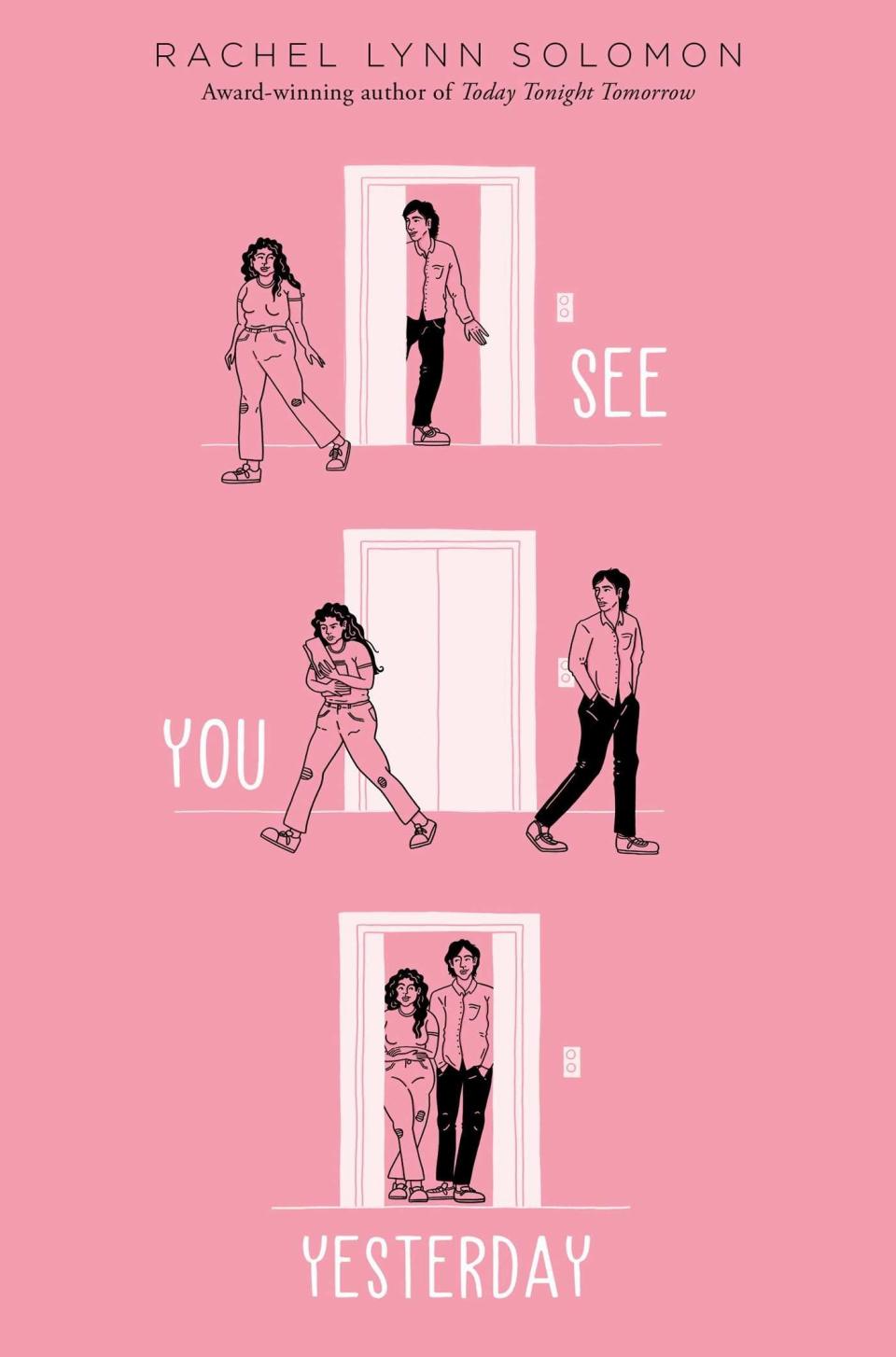 "See You Yesterday" cover illustration of two people coming in and out of an elevator