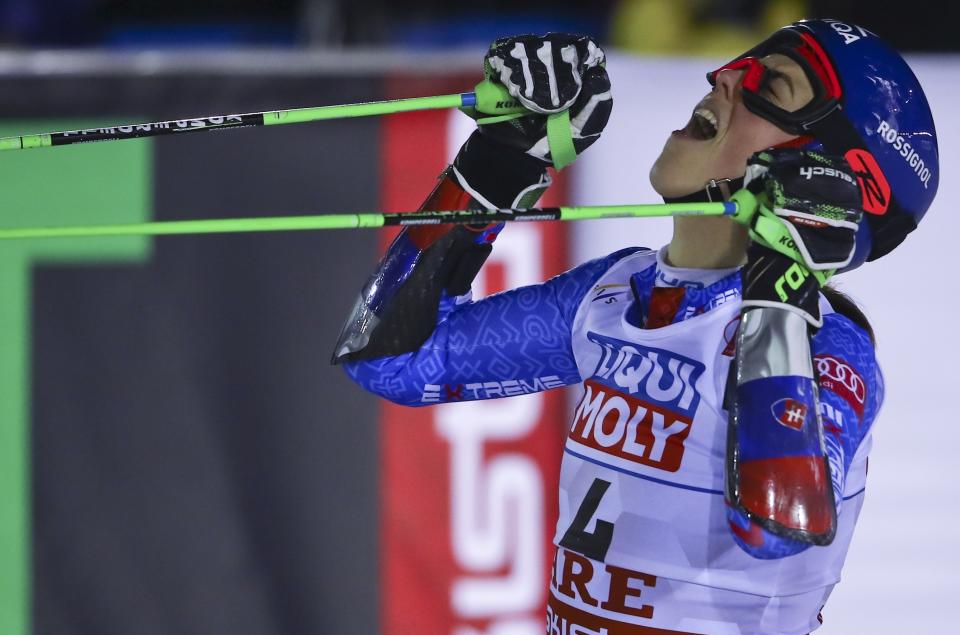 Slovakia's Petra Vlhova celebrates after winning the women's giant slalom, at the alpine ski World Championships in Are, Sweden, Thursday, Feb. 14, 2019. (AP Photo/Marco Trovati)