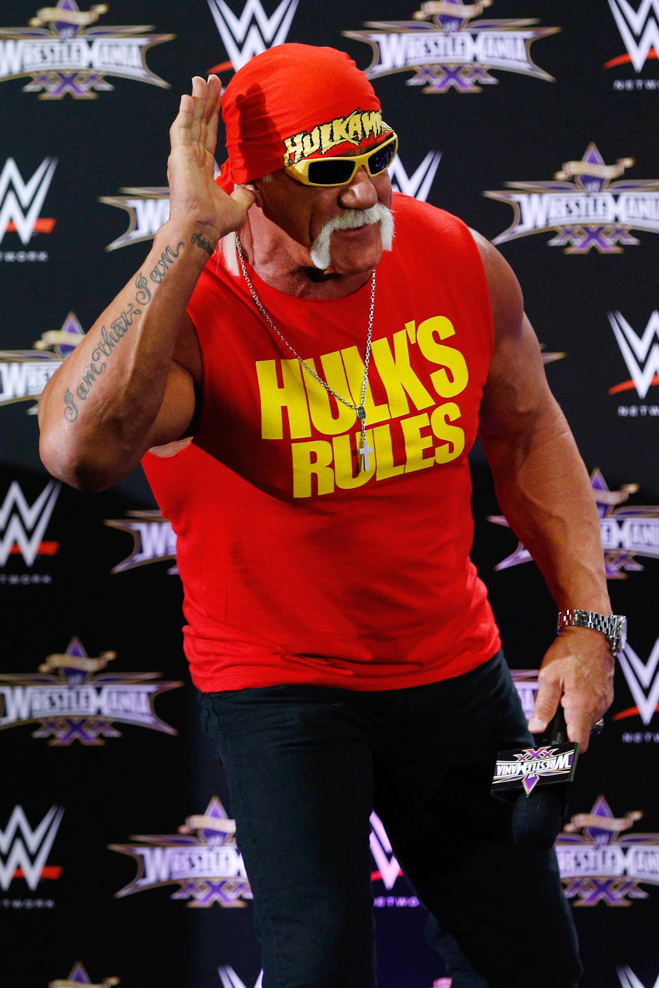 Hulk Hogan speaks during a news conference before Wrestlemania XXX at the Mercedes-Benz Super Dome in New Orleans on Sunday, April 6, 2014. (Jonathan Bachman/AP Images for WWE)