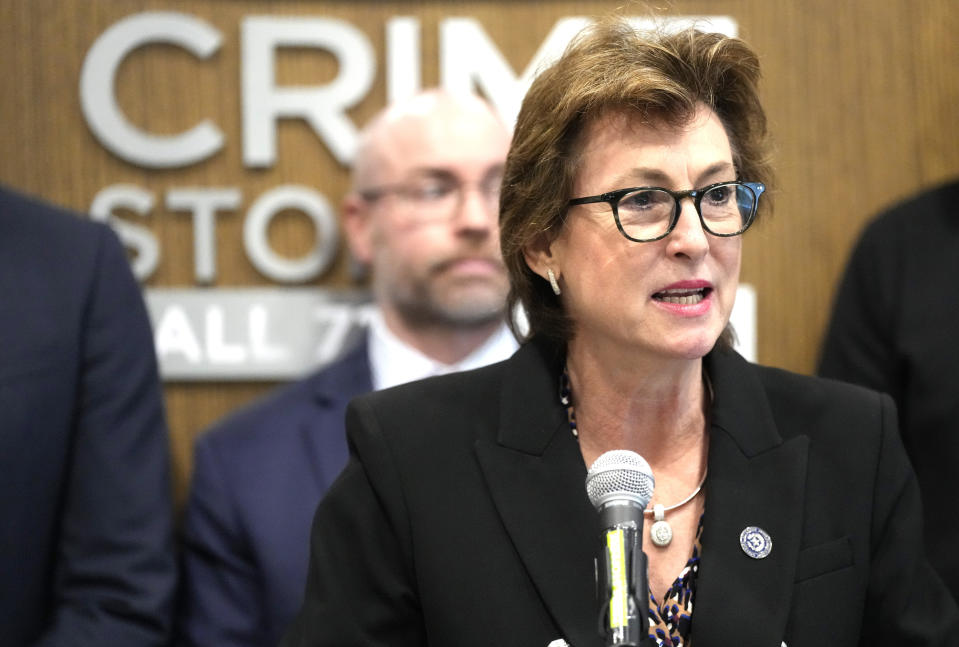 Harris County District Attorney Kim Ogg speaks along with the family of Arlene Alvarez during a press conference to discuss the indictment of Tony Earls in the death of the 9-year-old in 2022 at Crime Stoppers on Wednesday, April 24, 2024, in Houston. (Karen Warren/Houston Chronicle via AP)