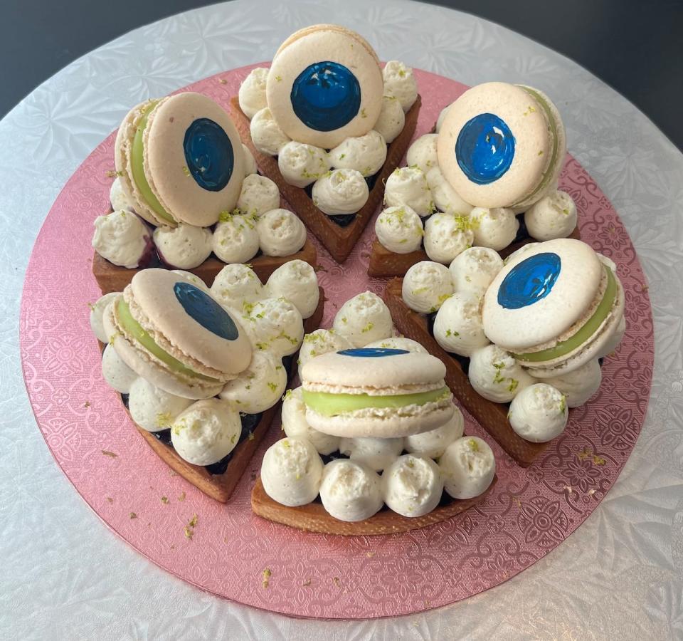 Campbell went to the audition in Halifax last February where she had to bake something ahead of time to present to the producers and the culinary director of the show. She chose to make pie-shaped blueberry lime tarts with macarons on top, pictured here.