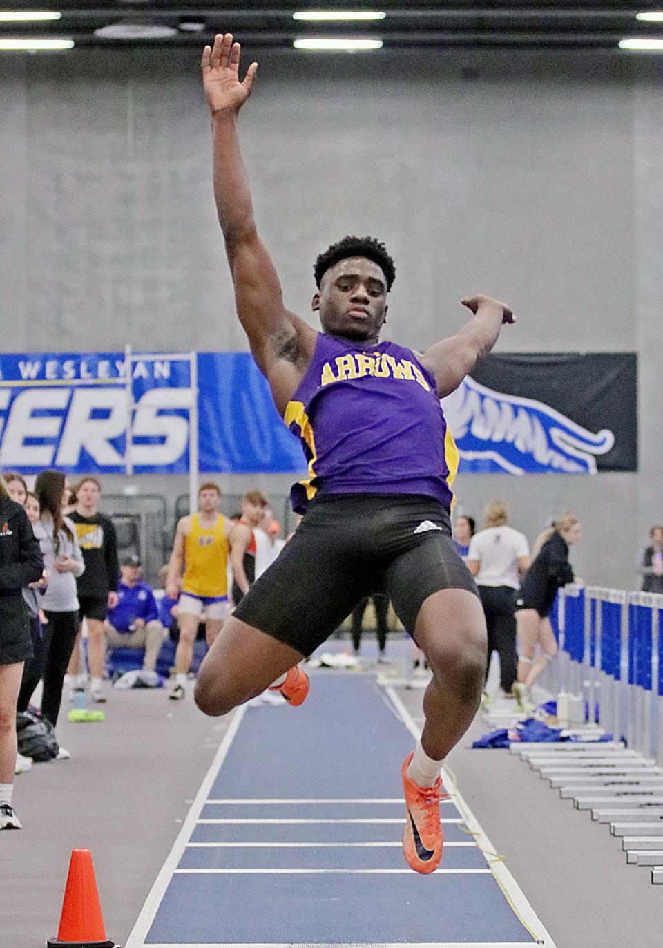 Watertown's Juven Hudson competes in the boys long jump during the Mitchell Indoor Invite on Thursday, April 6, 2023, at the Corrigan Fieldhouse in Mitchell.