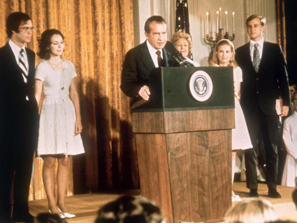 Nixon at the White House with his family after his resignation, on 9 August 1974 (Getty)